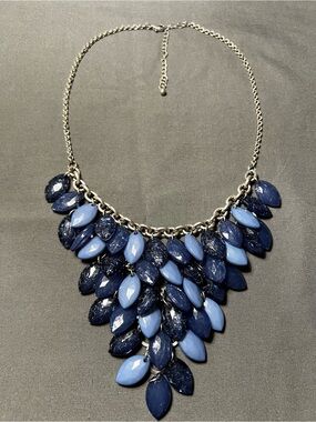 Women’s Statement Bib Necklace in Navy, Light Blue on silver chain.